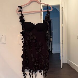 Chic Black Strapless Dress with Leaf Details